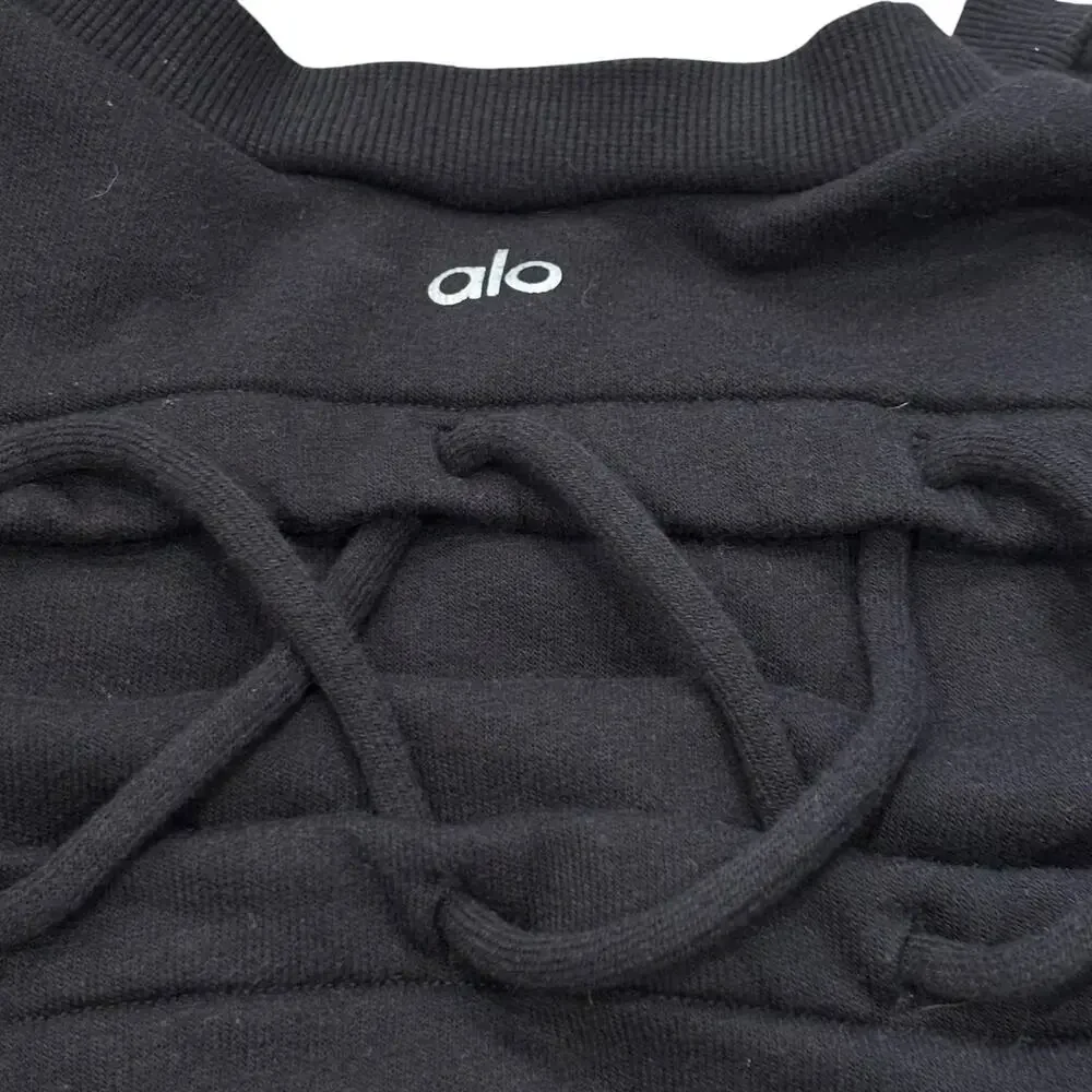 Alo Yoga Hookup Lace Up Black Sweatshirt Lattice Back & Sleeves Size M*